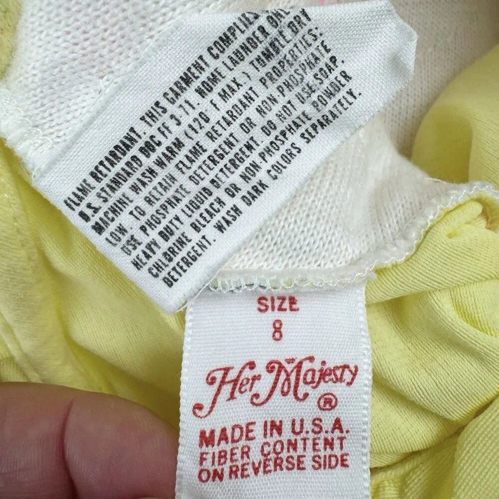 VTG Her Majesty Pajama Nightgown Girls 8 Flannel Lace Trim Yellow Quilted USA
